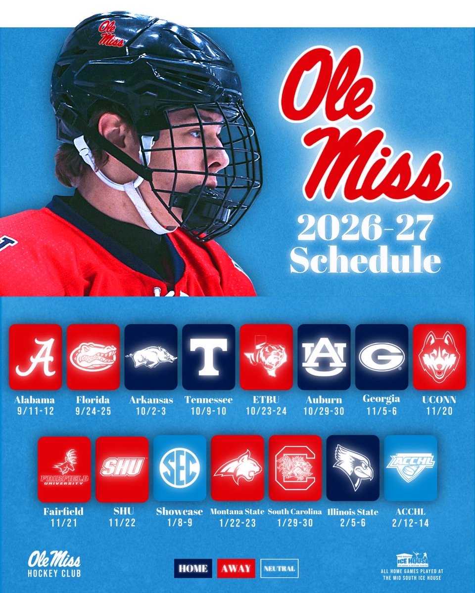 OleMissHockey's tweet photo. Our 2026-27 schedule is here‼️🗓️ 

📍All home games played at @midsouthicehouse                                   #OleMissHockey #IceRebs #HottyToddy https://t.co/6tQihiqgGa