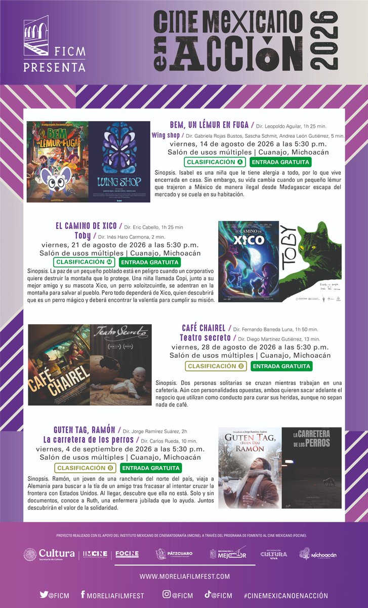 FICM's tweet photo. Las carteleras de agosto de Cine Mexicano en Acción 2026 ya están aquí. 🎬

Consulta la programación de cada sede en Pátzcuaro, Cuanajo, Tzurumútaro, Huecorio e Ibarra, y acompáñanos a disfrutar de lo mejor del cine mexicano. https://t.co/9wKM1NQiOq