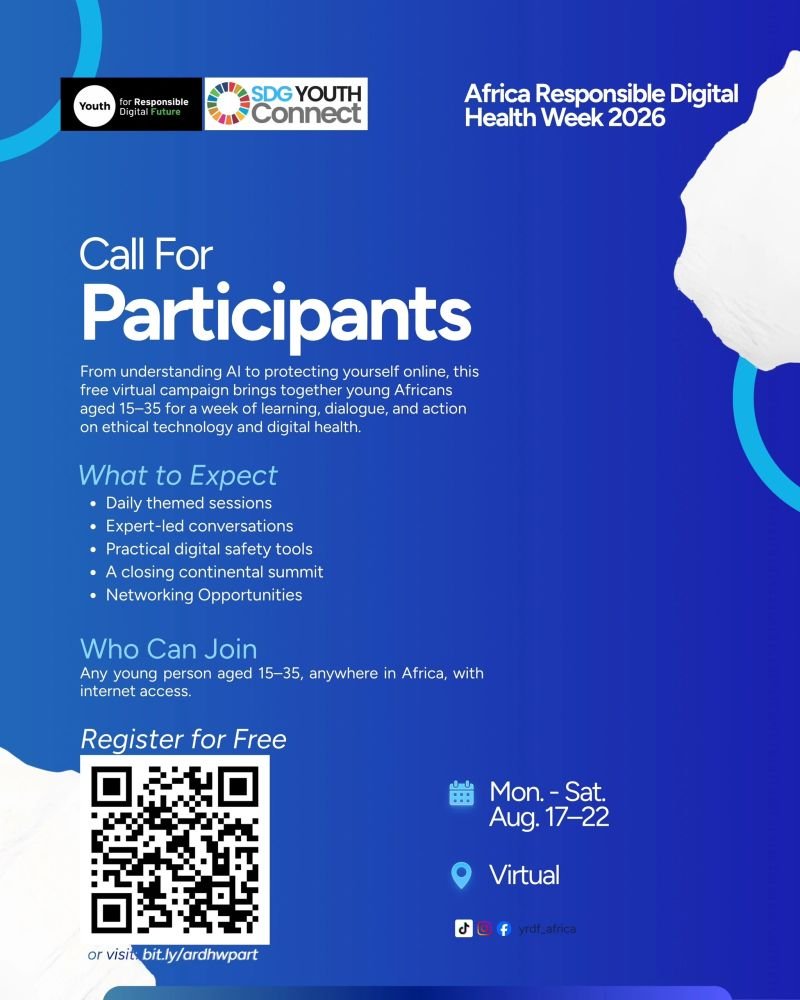 alfamohammed141's tweet photo. Applications Now Open: Africa Responsible Digital Health Week 2026

Are you passionate about digital health, artificial intelligence, and building a healthier digital future for Africa?

Applications are now open for Africa Responsible Digital Health Week 2026, a free 7-day virtual campaign bringing together experts and young changemakers from across the continent.

Topics include:
• Responsible AI and Digital Health
• Health Information and AI
• Online Safety and Data Privacy
• Digital Well-being
• Youth Innovation
• Gender-Based Violence Online

What you'll gain:
• Interactive Zoom sessions with experts
• Free Certificate of Participation
• Networking opportunities with participants across Africa

Who can apply?
Young people and professionals across Africa with an interest in digital health, AI, innovation, and responsible technology.

Application Deadline: 10th August 2026.

Application link: https://t.co/tHzettnaDt