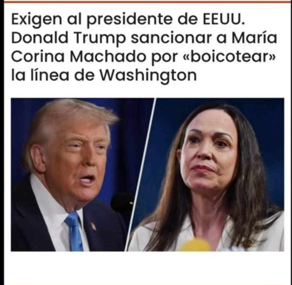 SKtira24's tweet photo. El ala dura de la Casa Blanca pide revocar visas y bloquear el ingreso de la dirigente venezolana y su entorno, tras acusarlos de promover protestas contra la embajada norteamericana en
Caracas y poner en riesgo los intereses de EE. UU.
La tensión entre Washington y un sector de la oposición venezolana escala a nivel institucional. Figuras clave de la administración de Donald Trump presionan internamente para que la Casa Blanca aplique medidas de fuerza severas contra la extremista opositora María Corina Machado y su entorno político, acusándolos de comprometer los intereses estratégicos y de seguridad de los Estados Unidos.