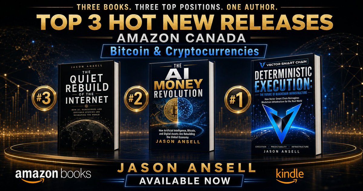 JasonAnsellTO's tweet photo. 🏆 WE HAVE THE TOP 3 HOT NEW RELEASES ON AMAZON CANADA!

I’m incredibly proud to share that my books currently occupy the #1, #2 and #3 positions in https://t.co/7Udbs1pTVd’s Hot New Releases in Bitcoin & Cryptocurrencies:

🥇 #1 — Deterministic Execution: The Future of Blockchain Infrastructure

🥈 #2 — The AI Money Revolution

🥉 #3 — The Quiet Rebuild of the Internet

Each book explores a different part of the technological transformation now underway—from predictable blockchain infrastructure to AI-powered economies and the invisible systems rebuilding the internet.

Seeing all three titles together at the top of the category is an incredible milestone. Thank you to everyone who has purchased, downloaded, reviewed or shared my work.

And there’s more: all five ebooks in my Mastering Crypto series are currently FREE on Amazon through August 5.

This is the perfect time to explore the complete collection.

Discover the books: https://t.co/4W0Vxfnnre

#1NewRelease #HotNewRelease #AmazonBooks #BitcoinBooks #Blockchain #ArtificialIntelligence #Web3 #JasonAnsell #AnsellPublishing