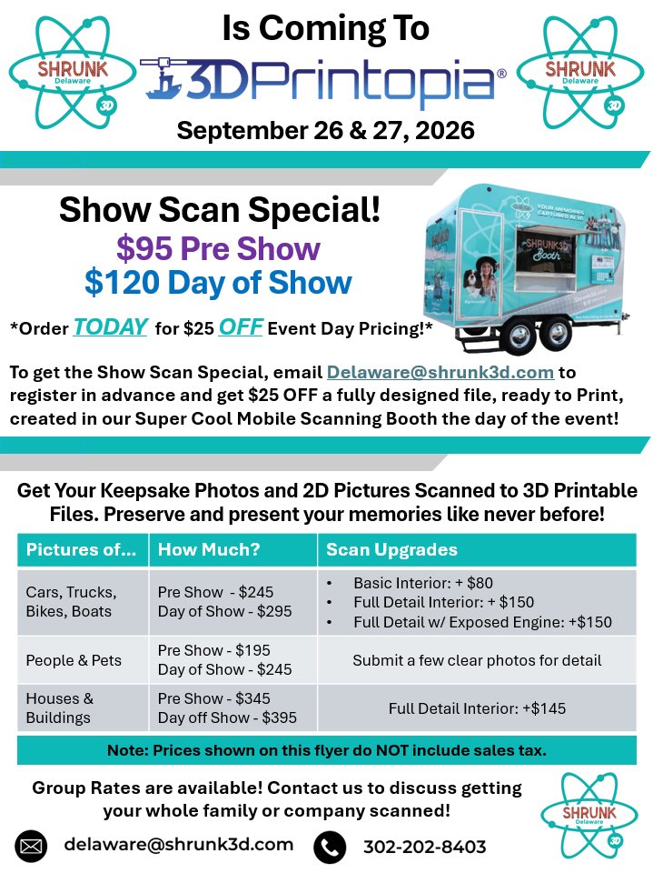 3DPrintopia's tweet photo. Did you notice that #Shrunk3D is bringing their scanning booth back?
They have a show special for in person scans and new photo to STL conversion services. Discounts are available if you preorder - so reach out to Delaware@shrunk3D.com today! https://t.co/FHhxjjL2zt