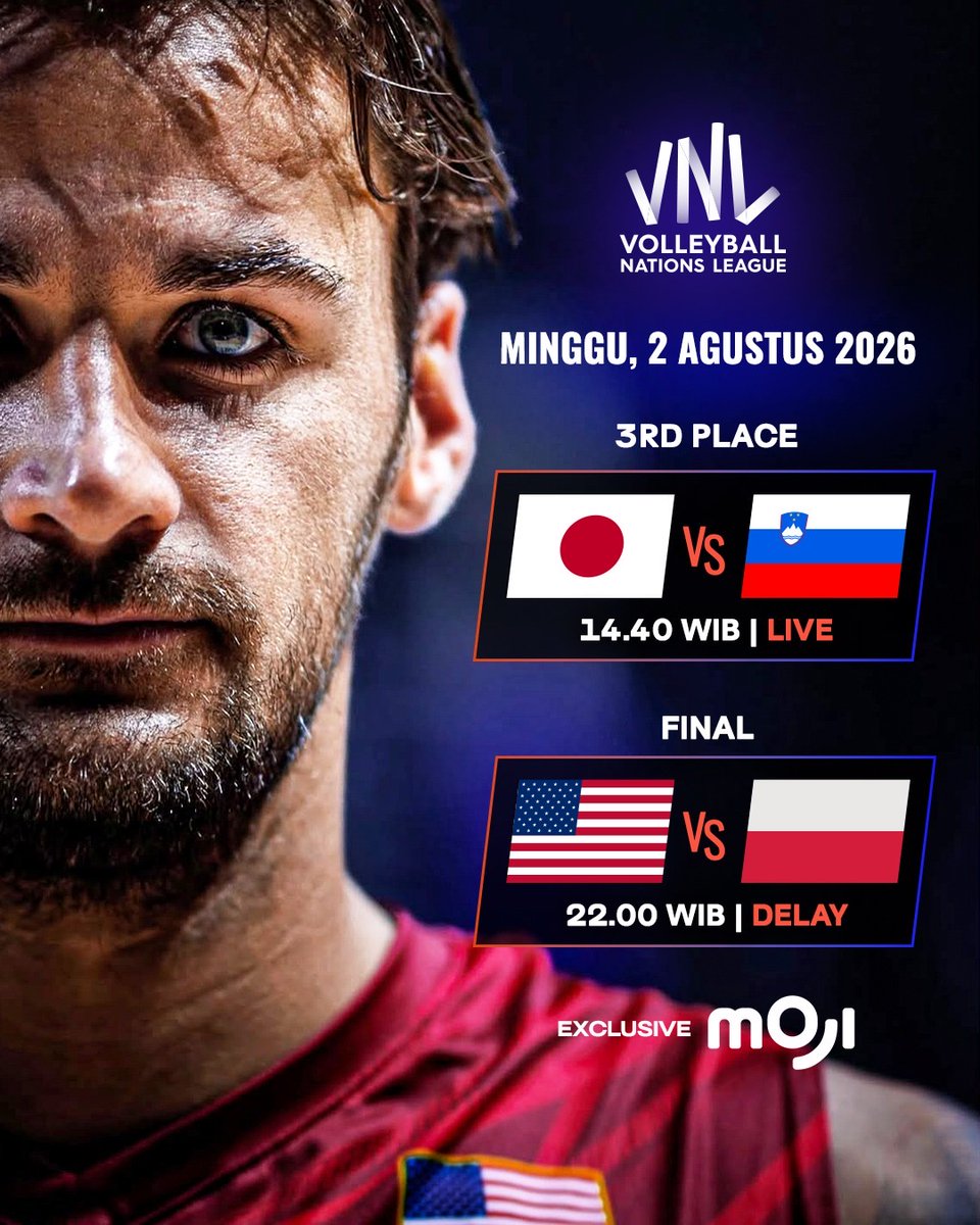 mojiupdates's tweet photo. Hari Minggu penutupan VNL, wajib nonton dari sore sampai malam!

⏰ 14.40 WIB: 🇯🇵 vs 🇸🇮 (LIVE)
⏰ 22.00 WIB: 🇺🇸 vs 🇵🇱 (DELAY)
📺 Exclusive on Moji

#VolleyballNationsLeague #VNL #mojisports
#vnl2026 #FinalMatch https://t.co/lwPhH62beH