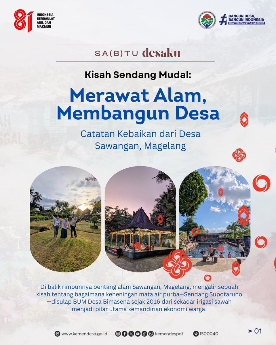 LiwaElida22564's tweet photo. Di Desa Sawangan, Magelang, BUM Desa Bimasena membuktikan mata air dikelola dengan bijak mampu menghadirkan manfaat. wisata, peluang usaha, lapangan kerja, hingga meningkatnya PADesa
#KemendesPDT
#BangunDesaBangunIndonesia
#HUT81KemerdekaanRI
#KitaIndonesia
#DesaMerdeka https://t.co/AJm9FTJoN0