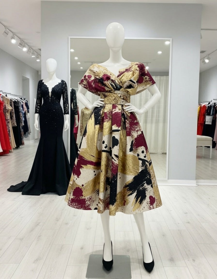 Lisa_6i's tweet photo. This bold abstract gold, burgundy, and black brushstroke dress brings runway energy to the room—dramatic, artistic, and utterly unforgettable. https://t.co/GIpZycmrRQ