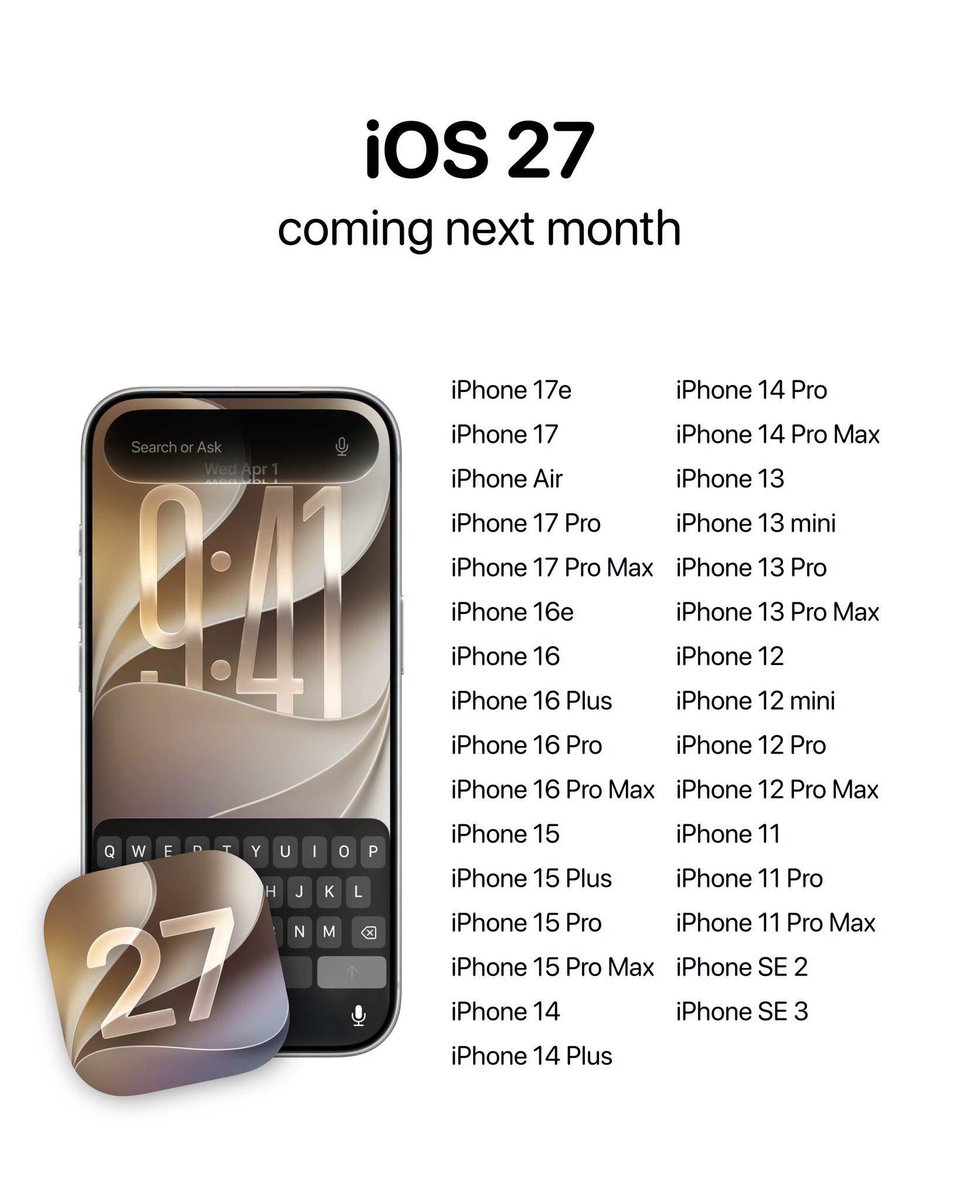 theapplehub's tweet photo. Apple will officially release iOS 27 next month for these supported iPhone models 🔥 https://t.co/VH0j0l1tPf
