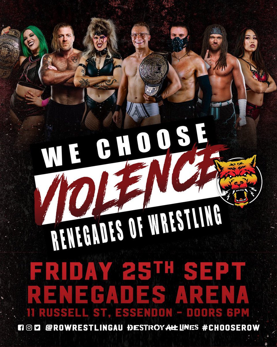 ROWrestlingAU's tweet photo. It’s the most chaotic, out of control event on the Renegades calendar!

On Friday September 25, WE CHOOSE VIOLENCE, and the Renegades Arena in Essendon may never be the same again!

Already, only gold tickets remain! Silver reserved seats selling fast!

🎟️ https://t.co/u4OMFtuc4D https://t.co/mR0aCobwAF