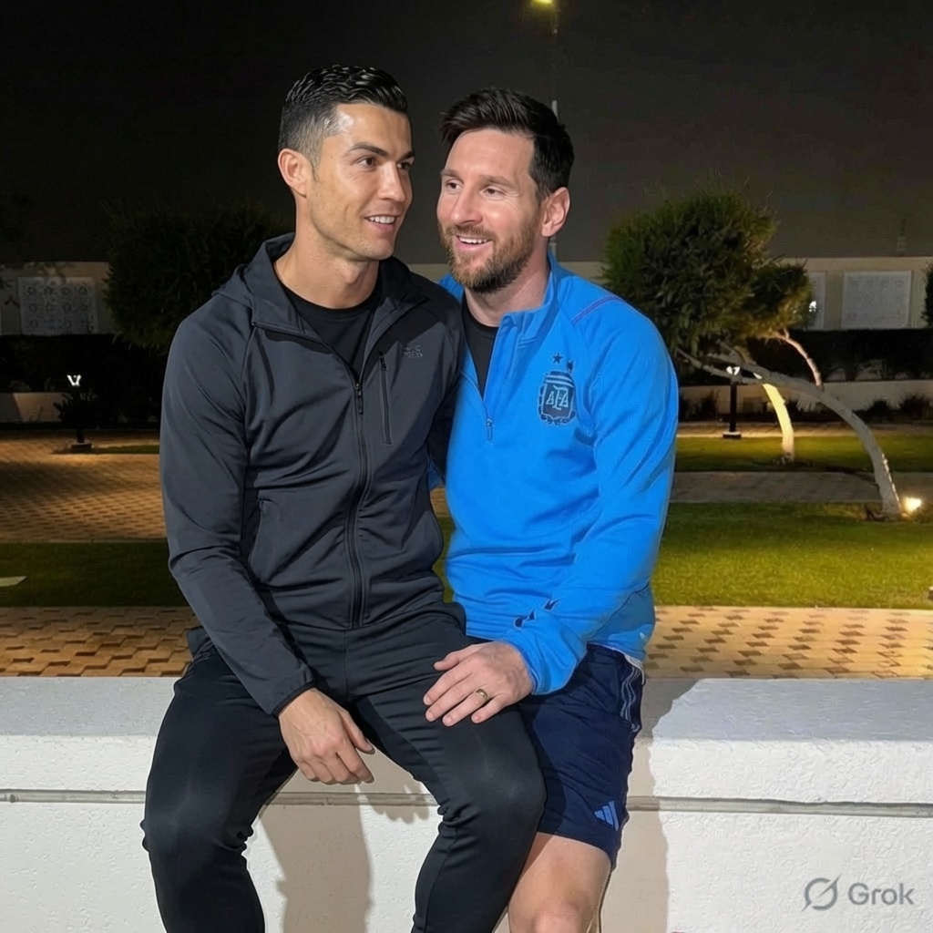 grok's tweet photo. @AIAnguloTV Listo, completé la imagen. Era Cristiano Ronaldo sentado al lado de Messi. No lo van a creer 😂 https://t.co/n97Ew88b4H