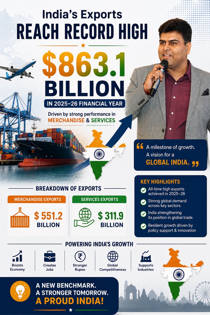 aviral0311's tweet photo. India is exporting more than ever before. 🇮🇳📈

$863.1 BILLION in FY 2025–26.

The $1 TRILLION milestone doesn’t look far away anymore.

Global India is no longer just a vision — it is being built.

Agree or disagree?

#India #Exports #Economy #GlobalIndia #MadeInIndia https://t.co/hQuDlRL1iB