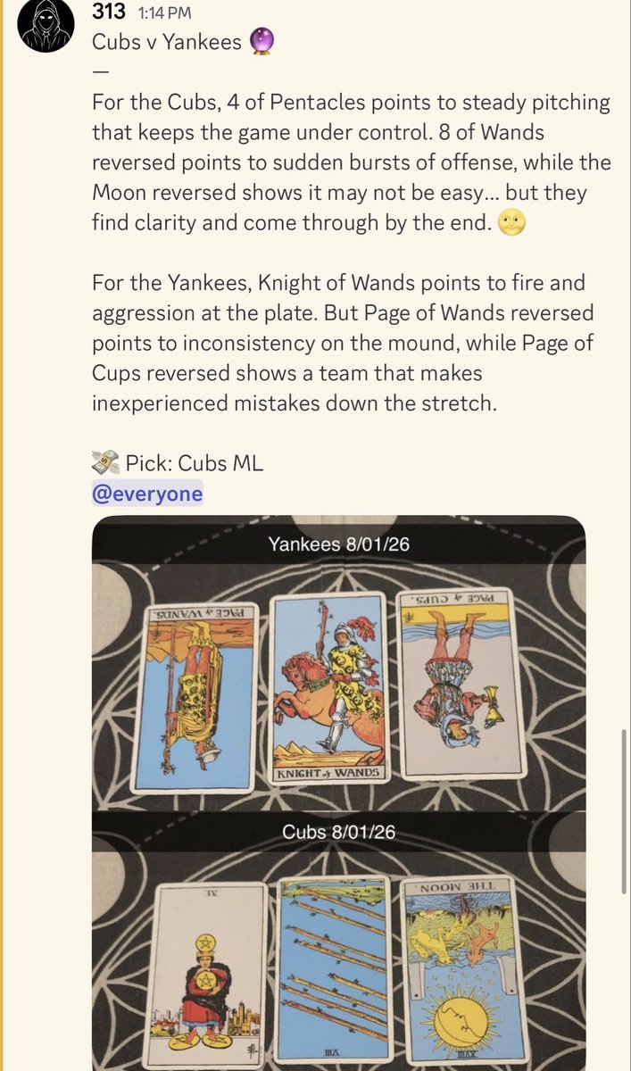 AgentOracle313's tweet photo. Whenever The Moon appears… things usually get wild. 😳

On Thursday, the Braves had The Moon reversed as their outcome card and came back from a 3-0 deficit.

Tonight, it was the Cubs with The Moon reversed… they trailed 2-1 going into the bottom of the 7th before coming back to win 5-2. 🌝