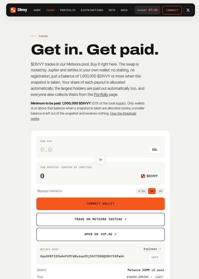 MyDivvyApp's tweet photo. Get in. Get paid.

https://t.co/tey9LmWsx7

$DIVVY trades in our Meteora pool. Buy it right here. The swap is routed by Jupiter and settles in your own wallet: no staking, no registration, just a balance of 1,000,000 $DIVVY or more when the snapshot is taken. https://t.co/fHBleaumMA