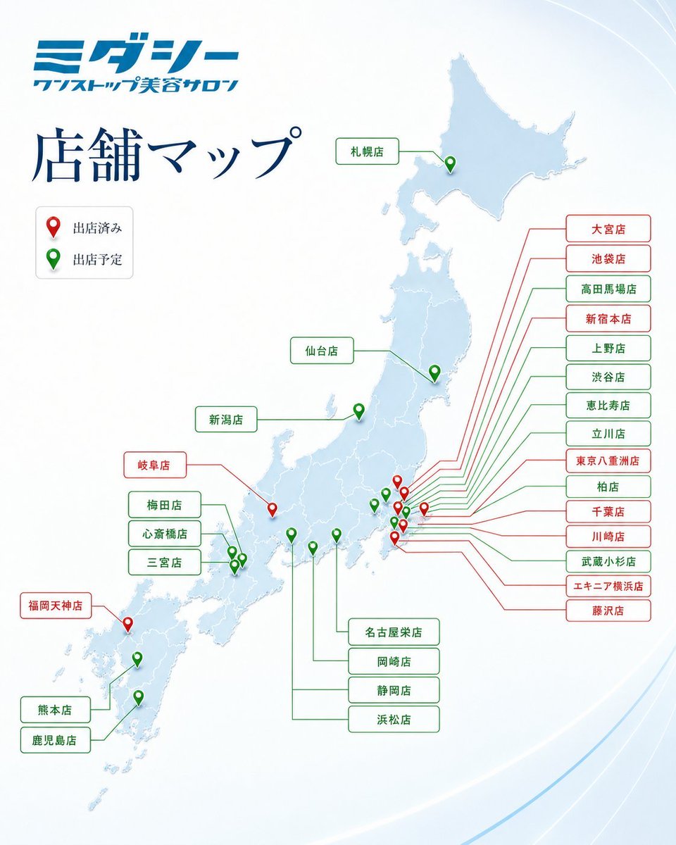Nicotama222's tweet photo. ミダシーの店舗に関して、オープン済みの店舗と、今後オープン予定の店舗を以前土橋さんがまとめてくれていました。

皆さんのご自宅のお近くにありそうでしょうか？

■東京エリア
・新宿本店
・高田馬場店
・渋谷店
・恵比寿店
・池袋店
・東京八重洲店
・上野店
・立川店

■関東エリア
・大宮店
・千葉店
・柏店
・エキニア横浜店
・川崎店
・藤沢店
・武蔵小杉店

■関西エリア
・梅田店
・心斎橋店
・三宮店

■北海道・東北エリア
・札幌店
・仙台店

■中部・甲信越エリア
・新潟店
・岐阜店
・静岡店
・浜松店
・名古屋栄店
・岡崎店

■九州・沖縄エリア
・福岡天神店
・熊本店
・鹿児島店