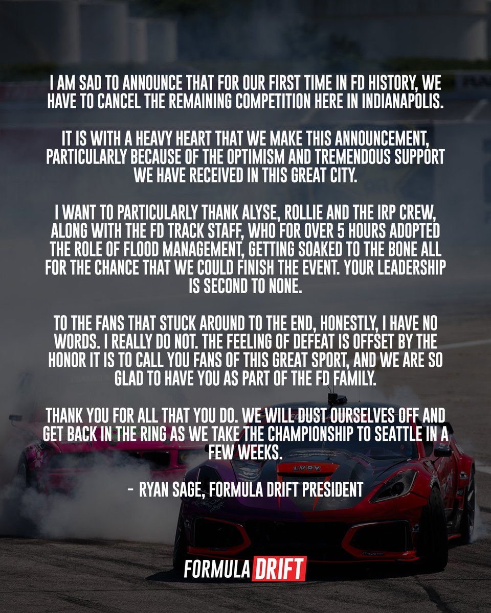 FormulaDrift's tweet photo. Statement from Formula DRIFT President Ryan Sage. https://t.co/VWJYX5MfAv