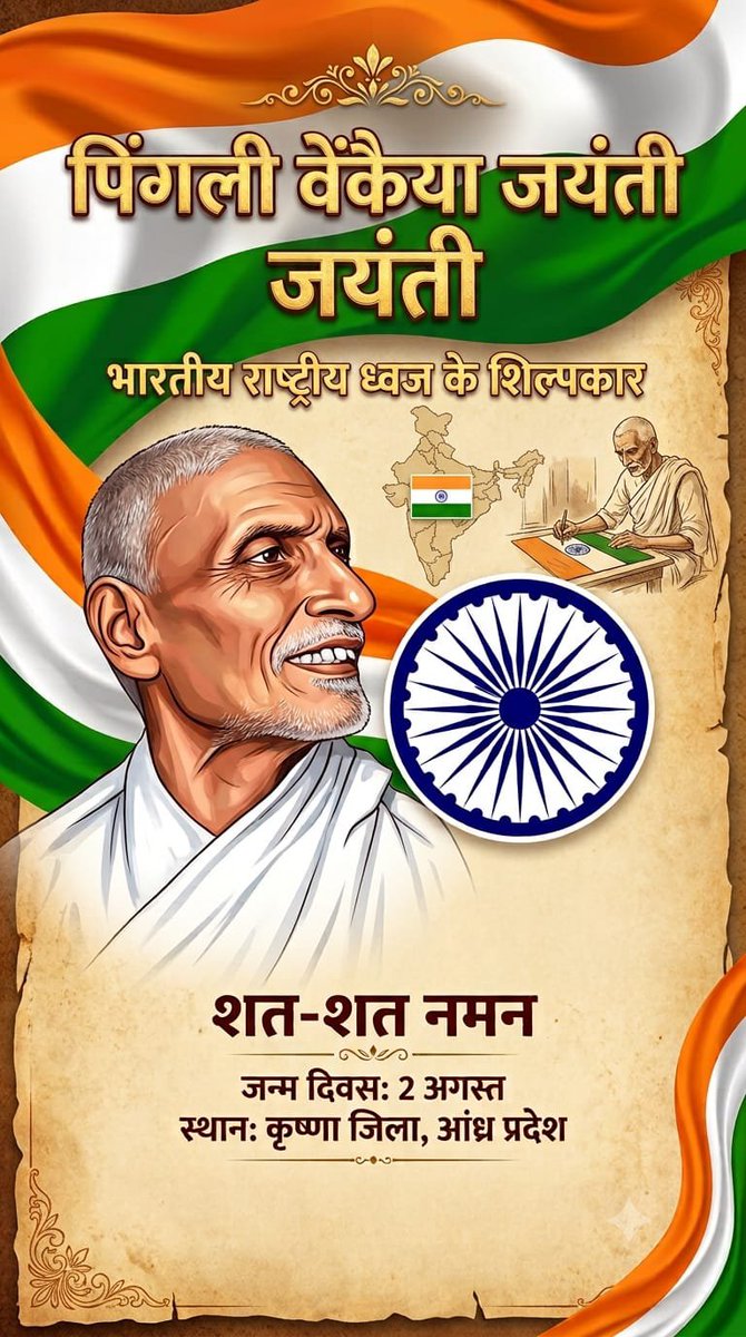 TheFootprintInd's tweet photo. 🇮🇳 महान राष्ट्रभक्त पिंगली वेंकैया जी की जयंती पर सादर नमन।
उन्होंने भारत के राष्ट्रीय ध्वज की परिकल्पना कर देश की पहचान को नया गौरव दिया।
उनका योगदान और देशप्रेम सदैव हम सभी को प्रेरणा देता रहेगा।
#पिंगली_वेंकैया जी की जयंती पर हार्दिक मंगलकामनाएं।
#PingaliVenkayya
#NationalFlag https://t.co/88BYPhFJ0w