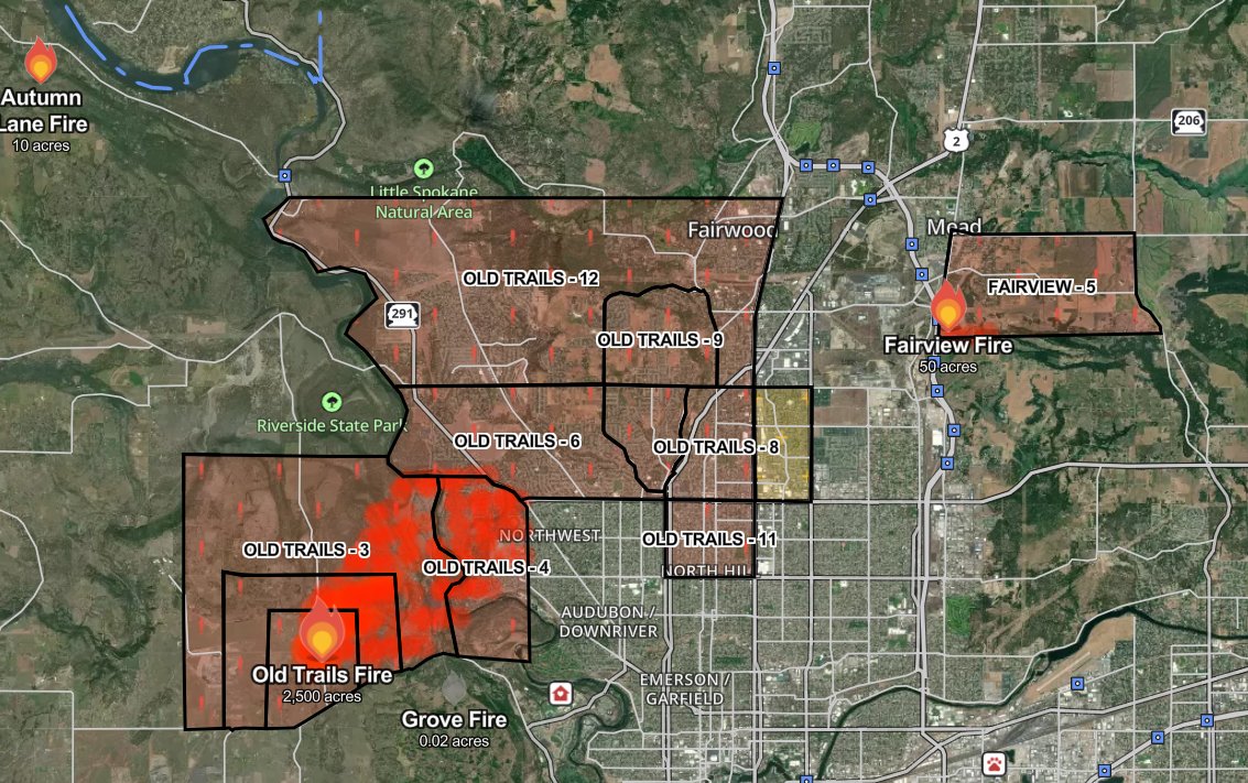 WhidbeyWXGuy's tweet photo. Please pray for Spokane. The Old Trails Fire is burning into the NW part of the city right now and thousands of structures are under threat. This is a potential disaster unfolding. https://t.co/aQMr7NrXrS