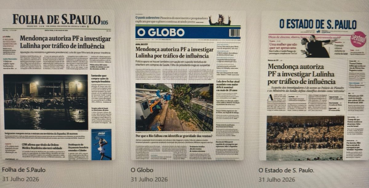 ricardope's tweet photo. A dobradinha entre André Mendonça e a mídia burguesa para tentarem evitar a humilhação do Flávio bolsonaro nas urnas fica escancarada quando seus três principais jornais "Globo, Folha e Estadão" dão exatamente a mesma manchete sobre a armação contra o Lulinha. https://t.co/ADOCfWJPsE