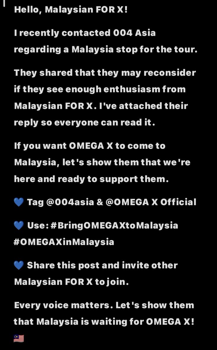 Bangster331's tweet photo. Please help share this post 🥺💙 We want to show them that there are many Malaysian FOR X waiting for OMEGA X. Let's make our voices heard! 🇲🇾 
#OMEGAXinMalaysia
#BringOMEGAXtoMalaysia https://t.co/I67LNjTy5Q