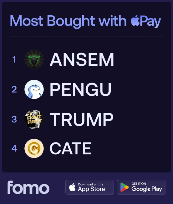 fomo's tweet photo. Most Bought with Apple Pay This Week on fomo 👀

Onboarding has never been easier. https://t.co/h00UvVah8k