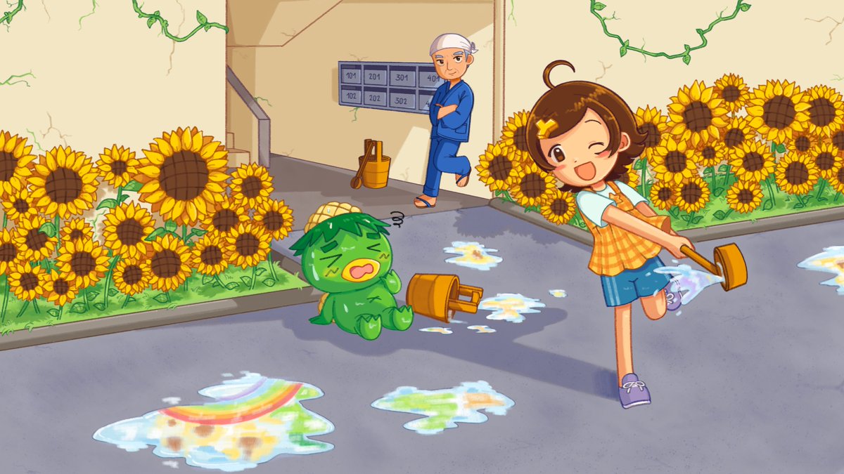 DanchiDays's tweet photo. 🌻August 1st is Groundsplashing (uchimizu) Day in Japan!! 🌻Hoshino and Moro-Q and a neighbor are enjoying some groundsplashing today.
(Danchi Days is coming in October!!) https://t.co/Bpj7mtFX98