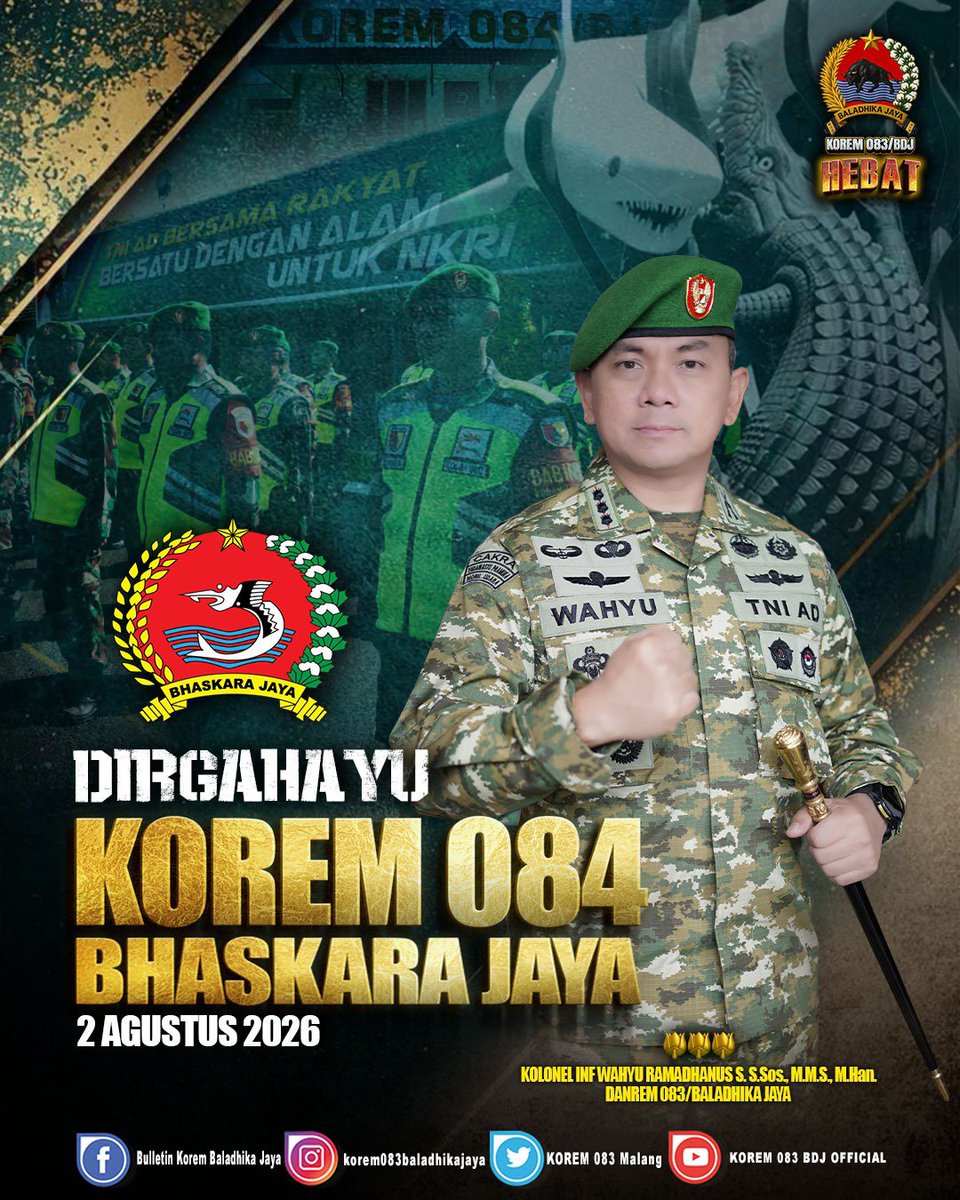 Korem083Bdj's tweet photo. Dirgahayu Korem 084/Bhaskara Jaya. 🇮🇩

Komandan Korem 083/Baladhika Jaya, Kolonel Inf. Wahyu Ramadhanus Suryawan, S.Sos., M.M.S., M.Han., beserta segenap keluarga besar Korem 083/Baladhika Jaya mengucapkan Selamat Hari Ulang Tahun Korem 084/Bhaskara Jaya. https://t.co/tDmXLICjMQ