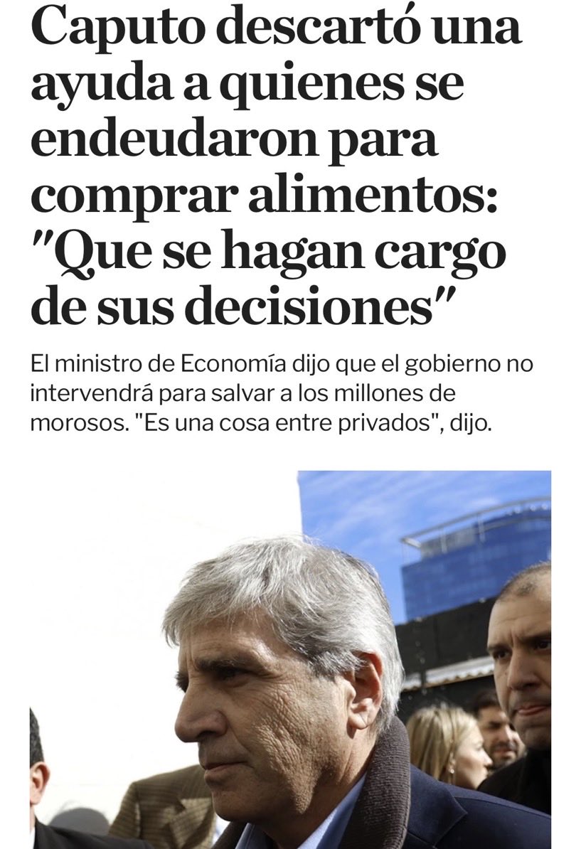 lucampora's tweet photo. Empezá vos haciéndote cargo de la deuda externa que tomaste con Macri y ahora con Mieli. Mirá si con la guita que se robaron vos y tu familia te vas a poner a señalar con el dedo a los que se endeudan para darle de comer a sus hijos. Qué caradura @LuisCaputoAR https://t.co/A1Ehtqm01w