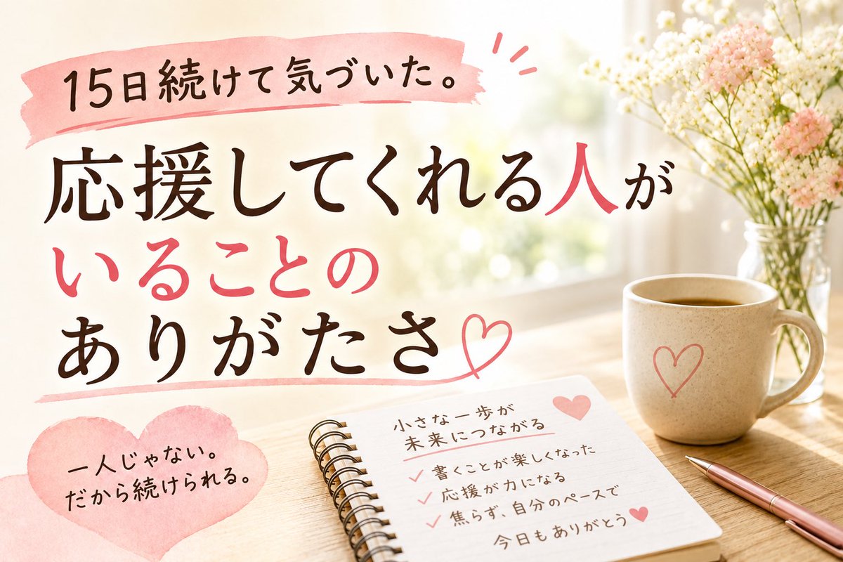 misanote11's tweet photo. 15日続けて気づいたこと。

一人で頑張っていると思っていました。

でも、「スキ」やフォローをいただくたびに、応援してくださる方がいることのありがたさを感じています。

その気持ちをnoteに書きました🌸

#副業初心者 #note初心者

https://t.co/bxUBDbE1dg https://t.co/saOFOVIR7q