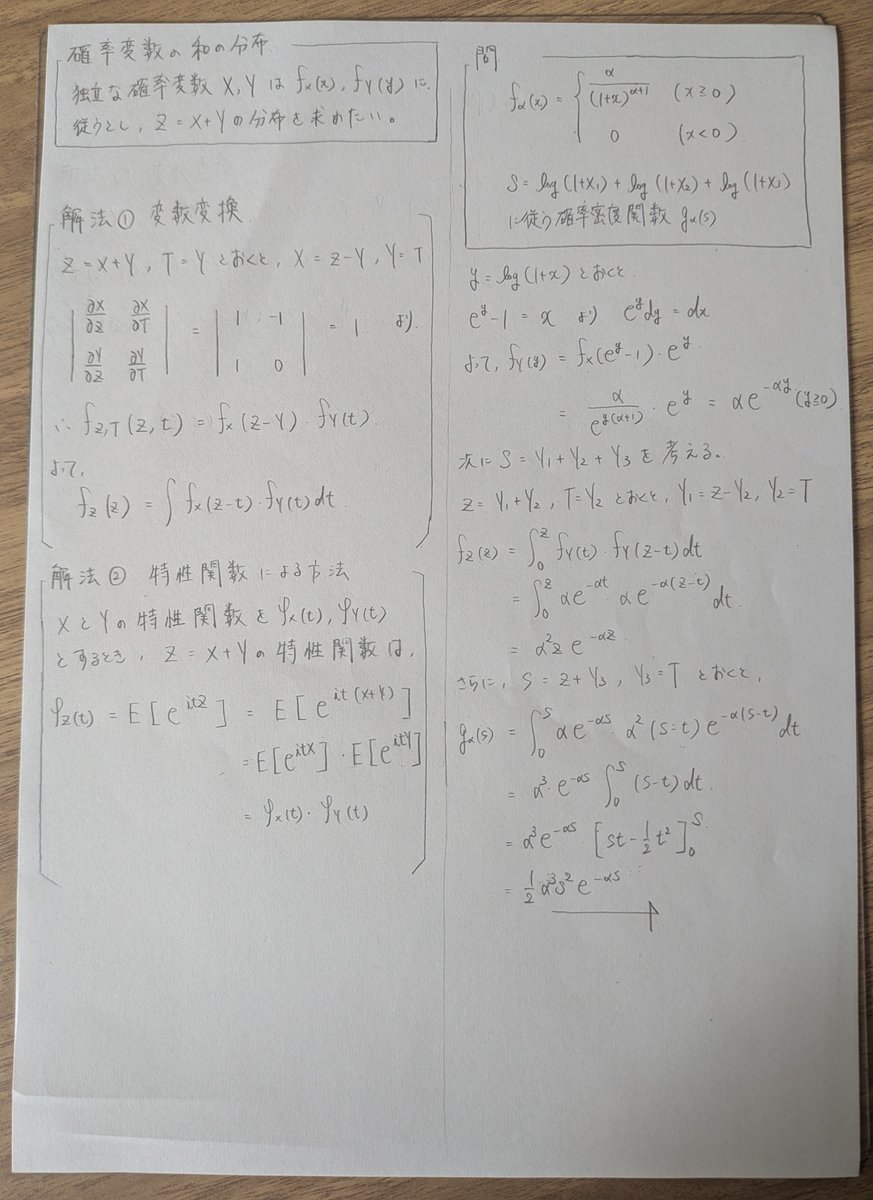 smo_yutohisano's tweet photo. 今回の数検1級2次に、
「確率変数の和の分布」
を求める問題が出題されました🔎

確率変数の和の分布を求める方法は、
① 変数変換をする方法
② 特性関数を用いる方法
の2つあります💡

それぞれを左側に簡単にまとめつつ、
右側に今回出題された問題を解いてみました⭐

#数学検定1級 #数検1級 #統計検定