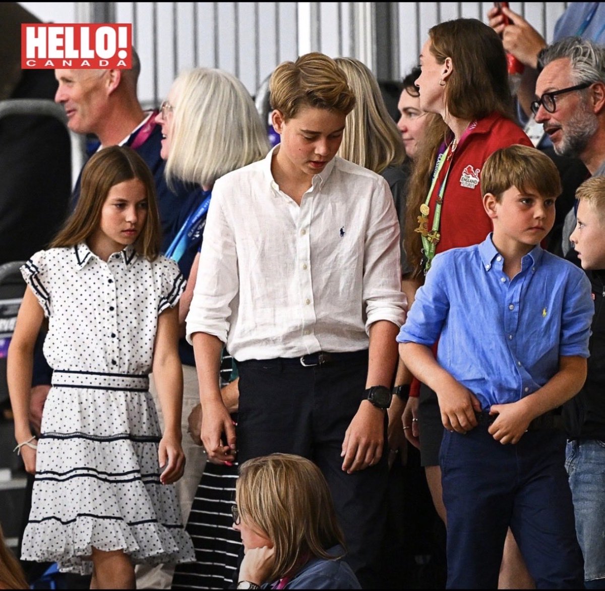JenCarsonTaylor's tweet photo. From Robert Jobson —

George, Charlotte and Louis seen in public in Scotland for the first time. They came in together, the three of them, ahead of their mum and dad to support the Commonwealth Games.

George, now thirteen, and he has the look of a youngster who has worked out that people are watching and has decided not to mind. Charlotte misses nothing. Sharp as. Louis is eight and Louis is Louis. He makes us all smile.

The palace confirmed it is the first time any of them have been seen in public in Scotland.

Prince Louis has never been to a major sporting occasion. He has now.

Kensington Palace said this morning that the Duke and Duchess of Rothesay, as they are known here, would attend the penultimate day. It said nothing about the children. That was deliberate.

It is the first time George, Charlotte, now 11, and Louis, eight, have been seen in public in Scotland.

George and Charlotte have done Wimbledon and the Euros. Louis has done neither. He gets the church services and Trooping, where his face does the work and he knows it. Today he got the ticket.