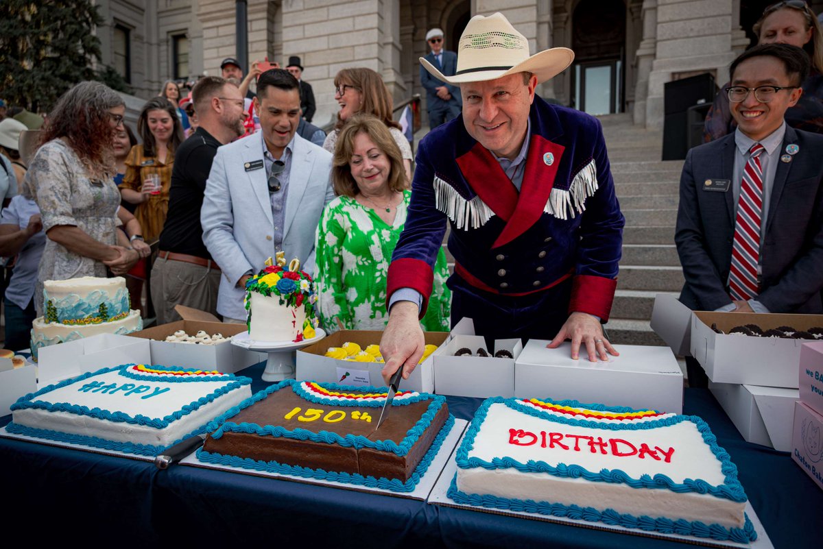 GovofCO's tweet photo. What a day at the State Capitol celebrating 150 years of the greatest state in the nation! I was proud to join Coloradans for the updated Mile High Marker, a reenactment of our statehood proclamation, birthday cake, live performances, and new artwork honoring Colorado’s past, present, and future. As we begin our next 150 years, we’ll keep working together to build an even stronger Colorado for All.