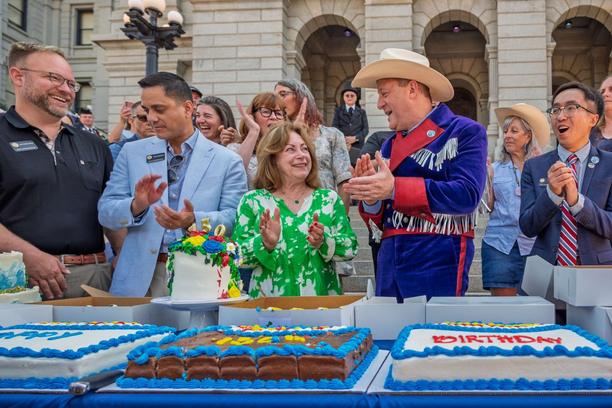 GovofCO's tweet photo. What a day at the State Capitol celebrating 150 years of the greatest state in the nation! I was proud to join Coloradans for the updated Mile High Marker, a reenactment of our statehood proclamation, birthday cake, live performances, and new artwork honoring Colorado’s past, present, and future. As we begin our next 150 years, we’ll keep working together to build an even stronger Colorado for All.
