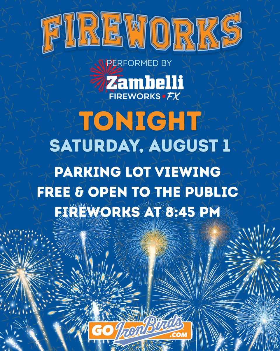 IronBirds's tweet photo. While tonight's game has been canceled, the fireworks are still happening! 🎆

We will open to the parking lot viewing at 8:15, with the Zambelli Fireworks show scheduled to begin at approximately 8:45 PM. We hope you'll still come out and enjoy the show with us! https://t.co/d6PIhaC5F9