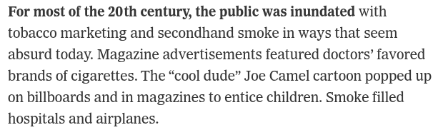 thorpasta's tweet photo. Nowadays people forget about this, or they didn't  live through it. 
But this is a good example of how governments can be a transformational force for the better. 
There were cigs ads on the street, buses, trains, radio, TV, movie theaters, news papers...

https://t.co/KbbgItuvaO https://t.co/WbqKc8cd7t