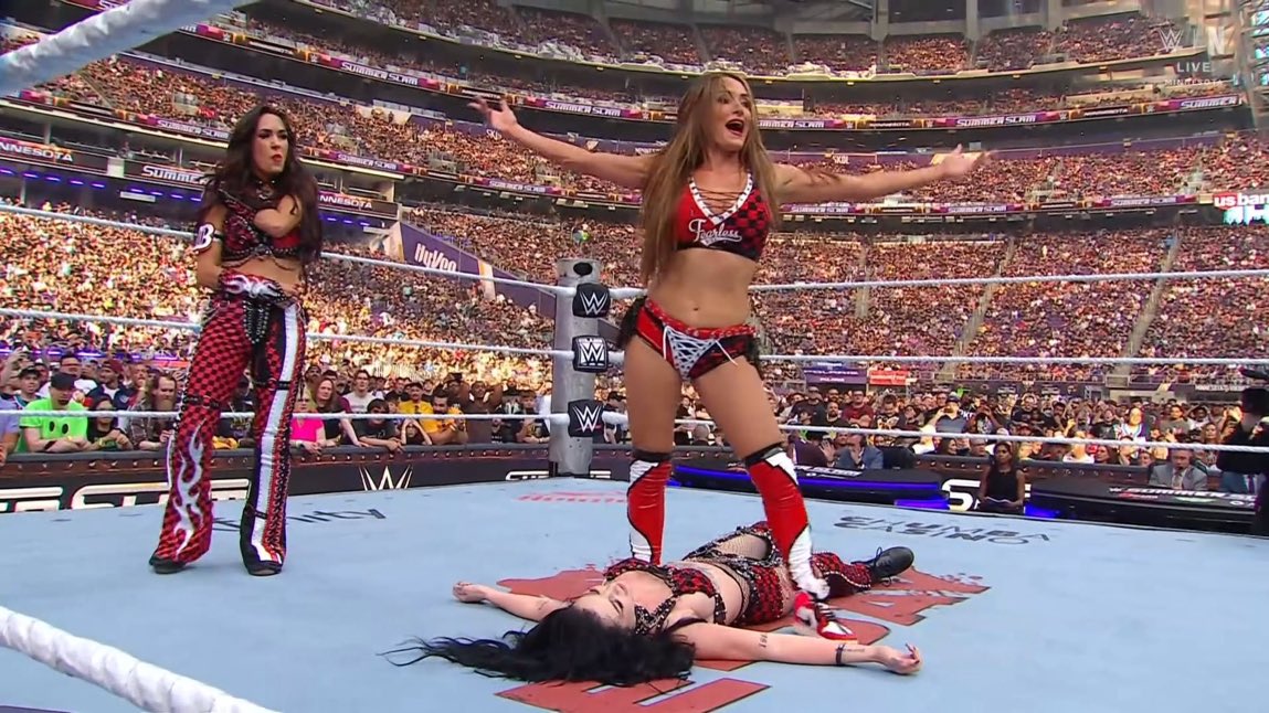 SethJoseph95's tweet photo. I just hope Brie shoulder is alright. Nikki just recently returned, we don’t need Brie gone 😩 #Summerslam https://t.co/iklXccFQmA