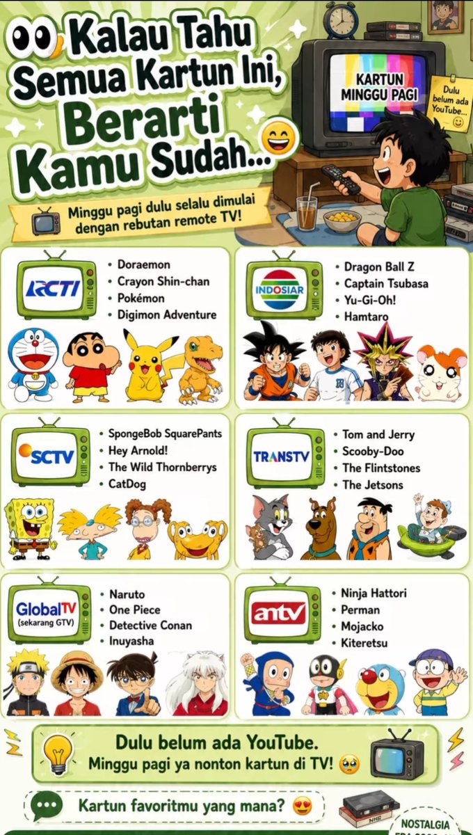 ViralWorld_wide's tweet photo. Hayo siapa yang setiap pagi weekend langsung stanby di depan TV waktu saat umur kita masih remaja 😁 , btw kartun favorit waktu remaja yang mana
#viral #faktaunik #duniafakta #masaremaja #unikviral #faktaviral https://t.co/WuwoHusId5