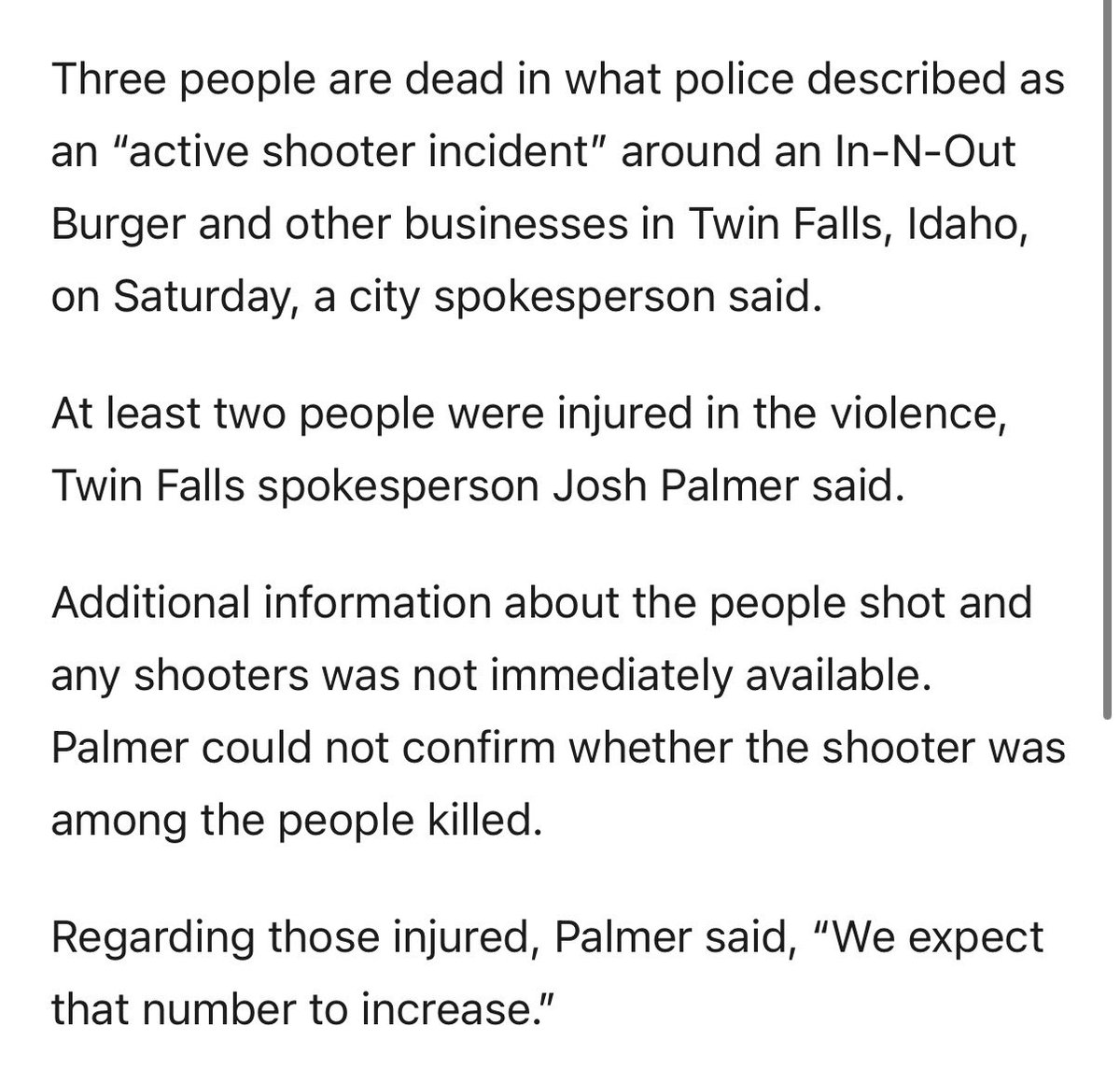 AZ_Intel_'s tweet photo. TWIN FALLS, IDAHO - Number of injuries in In-N-Out shooting expected to rise, spokesperson tells NBC News. https://t.co/pbs8VrcCeD