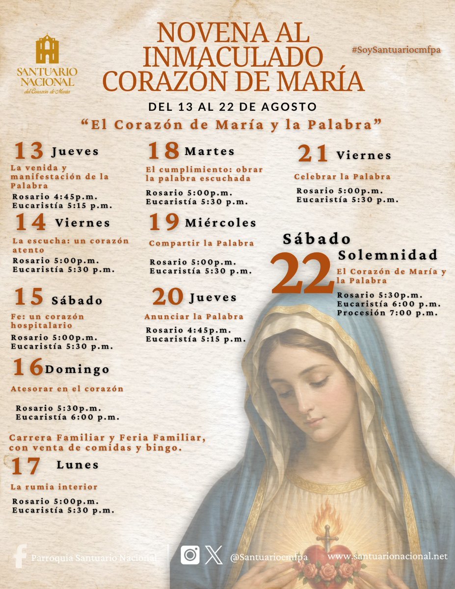reysol23's tweet photo. Queridos hermanos de los distintos grupos y pastorales del Santuario Nacional del corazón de María:

Los invitamos a participar en la *Novena al Inmaculado Corazón de María*, con el lema “El Corazón de María y la Palabra”, que celebraremos del *13 al 22 de agosto https://t.co/vnVkRzqzzE