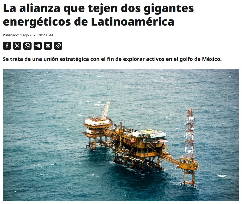 ActualidadRT's tweet photo. 🇲🇽🇧🇷 El gigante petrolero mexicano Pemex y su par brasileño Petrobras  iniciaron la primera fase de evaluación para explorar activos en aguas  profundas y la capa presal del golfo de México como parte de una alianza estratégica alcanzada en junio https://t.co/XqlP9Da1DZ