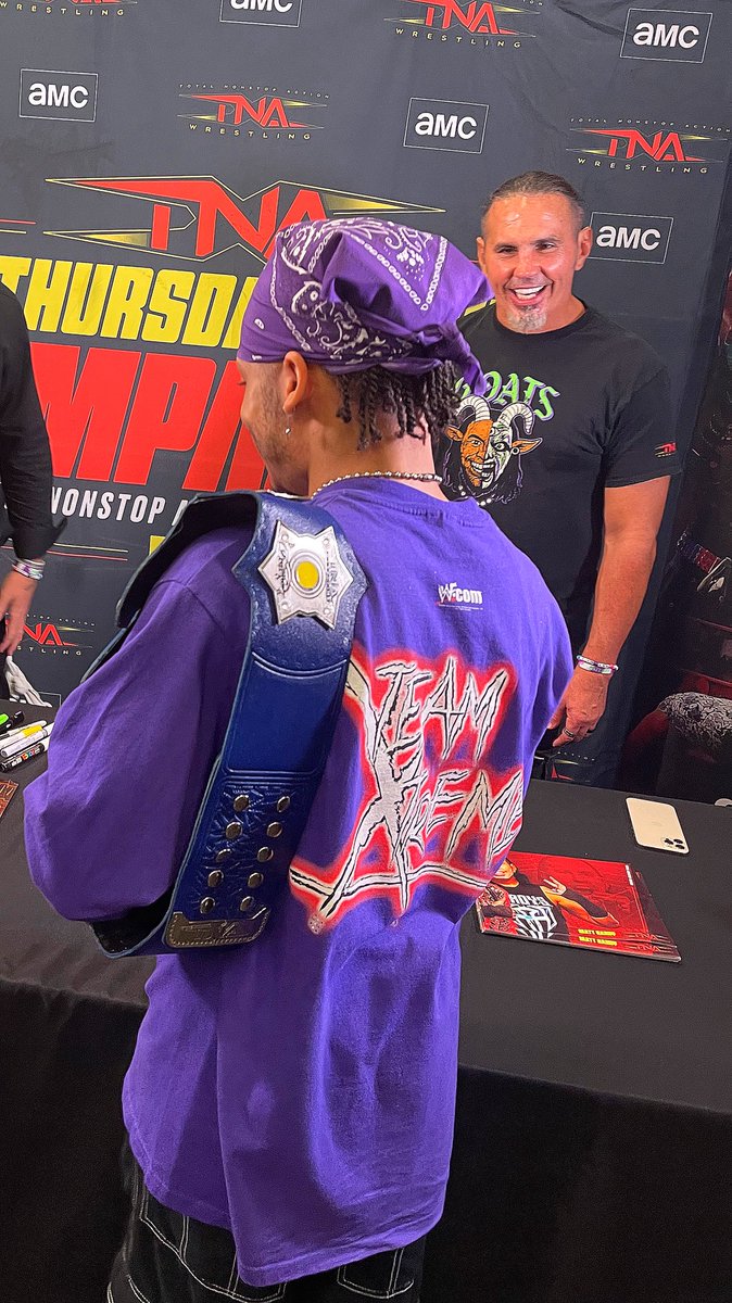 1TonyAlejandro's tweet photo. Been down with my GOATs since childhood, but this right here was the ultimate Hardy Party experience, definitely my highlight of 2026 without a doubt!!💜💚                            #TeamXtreme #hardyboyzforever #jeffhardy #matthardy #tnawrestling https://t.co/6SrEwcnNnn