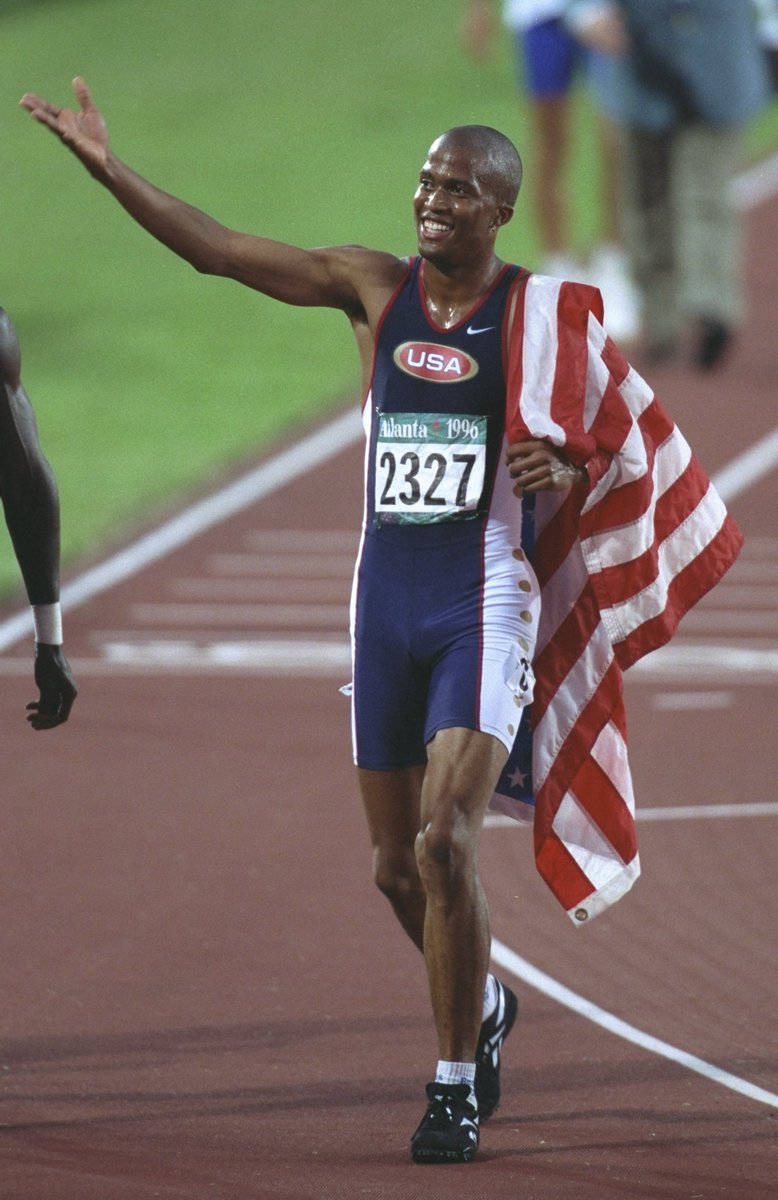 usatf's tweet photo. On this day in 1996, Derrick Adkins powered to Olympic gold in the men’s 400m hurdles in 47.54 👏

#TeamUSATF https://t.co/t3BiD3f9fn
