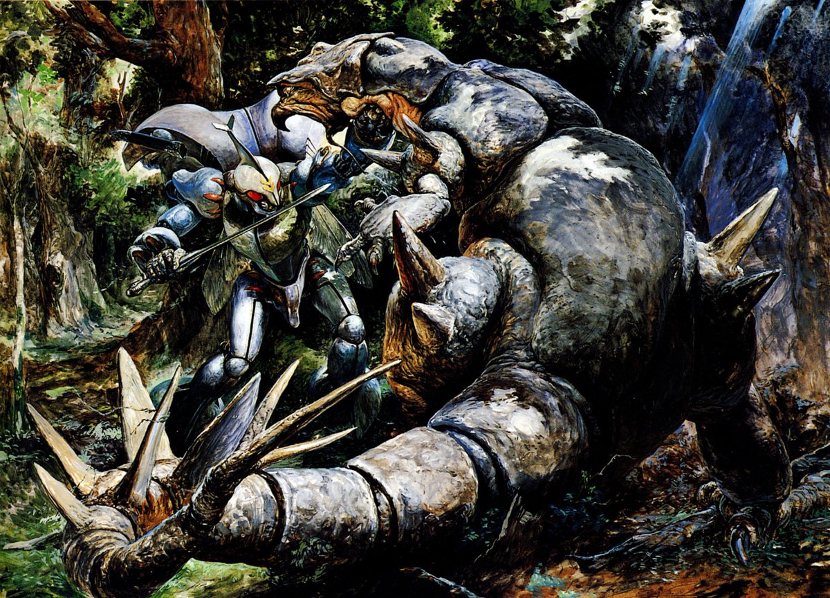 SciFiArchives's tweet photo. Yoshiyuki Takani’s (高荷義之) illustration for “Aura Battler Dunbine,” featured in the “Anime Illustrations” artbook (1983). https://t.co/TPYjbxWeKO