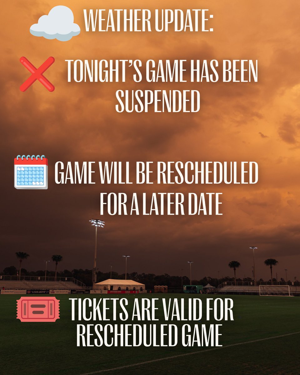 SRQ_Paradise's tweet photo. Due to severe weather, tonight’s game against FC Naples has been postponed indefinitely. A new time and day will be announced at a later date

All tickets for tonight’s game will be valid for the rescheduled game

Thank you to the fans who came out to support tonight https://t.co/Kr37j12sQ5