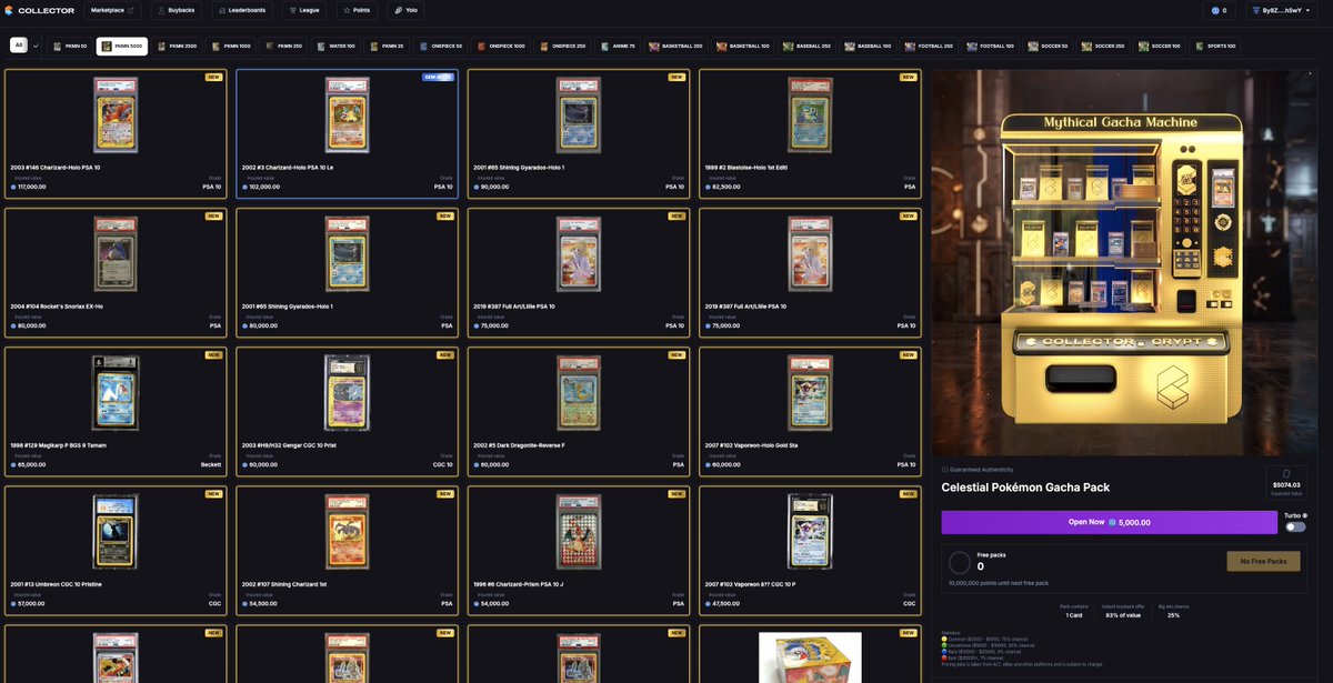 Collector_Crypt's tweet photo. Introducing the Celestial Pokemon Gacha.

$5,000 per pull.

Grails include:
🔥 $117,000 Skyridge Charizard
🐉 $102,000 Legendary Collection Charizard
🌊 $90,000 Shining Gyarados
💧 $82,500 Base Set 1st Edition Blastoise

and much more 👇 https://t.co/q3eWvGVpZb