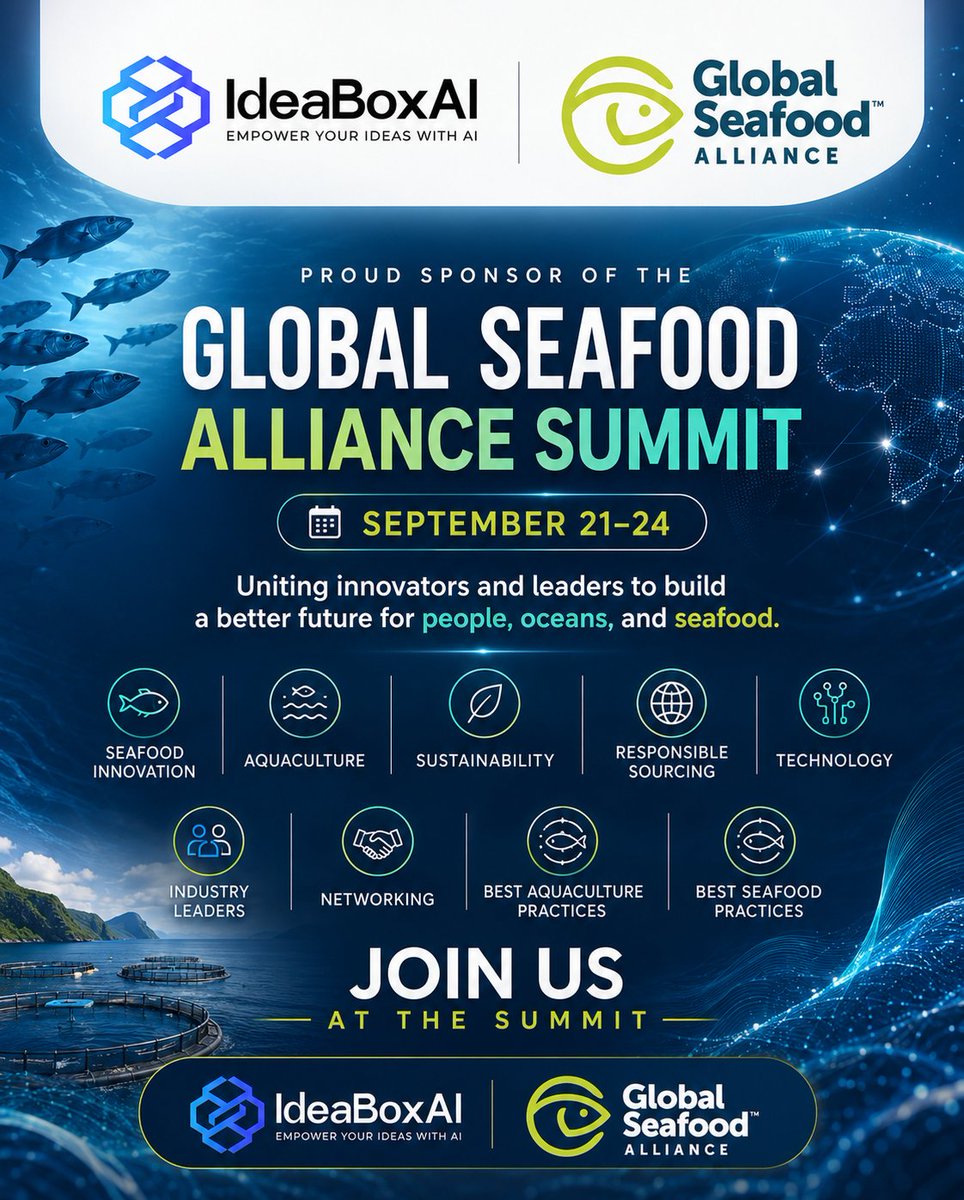 ideaboxai's tweet photo. IdeaBoxAI is sponsoring the Global Seafood Alliance Summit. 🌊

Four days (Sept 21–24) bringing together aquaculture, sustainability, and responsible sourcing leaders, helping the industry build a better future for people, oceans, and seafood.

#SeafoodIndustry #BlueEconomy https://t.co/bfwOPaDNRU