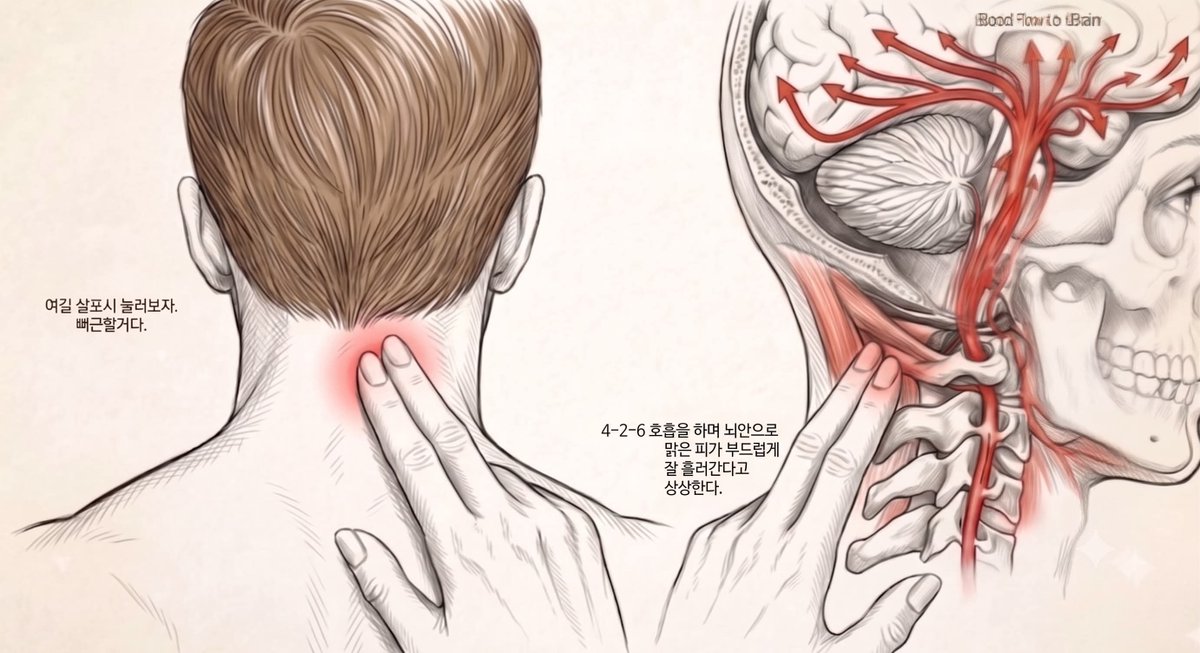 lmc8710's tweet photo. 15년 차 한의사로서 말씀드립니다.

귀에서 '삐-' 하는 이명​이 들리거나, 자율신경이 무너진 것 같은 증상이 있다면 한 번 확인해볼 부위가 있습니다.

바로 후두하근입니다.

뒤통수 아래, 손가락 한 마디 정도 크기의 아주 작은 근육이지만 생각보다 중요한 역할을 하는 부위입니다.

이곳은 뇌간 바로 아래를 지나며 자율신경과 밀접하게 연결된 부위이기도 합니다.

1. 자율신경과의 연관성
후두하근은 경막과 직접 연결되어 있고, 상부 경추 신경과도 긴밀하게 이어져 있습니다.
이 부위가 과도하게 긴장하면 몸이 쉽게 긴장 상태에서 벗어나지 못해 두근거림, 두통, 소화 불편, 만성 피로 같은 증상이 오래 지속되는 경우가 있습니다.

2. 머리·귀 순환과 이명
후두하삼각 부위에는 뇌로 혈액을 공급하는 추골동맥이 지나갑니다.

후두하근이 지속적으로 긴장하면 머리와 목 주변의 긴장도와 순환에 영향을 줄 수 있으며, 귀가 먹먹하거나 이명을 호소하는 분들 가운데 이 부위가 단단하게 굳어 있는 경우를 자주 볼 수 있습니다.

3. 균형 감각과 자세
후두하근에는 고유수용성 감각 수용체가 매우 촘촘하게 분포되어 있어 머리의 위치와 균형을 섬세하게 조절하는 역할을 합니다.

스마트폰이나 모니터를 오래 보는 거북목 자세가 지속되면 이 근육이 과도하게 수축하고, 긴장이 목과 어깨 주변 근막까지 이어져 불균형을 만들 수 있습니다.

평소 말씀드리는 4-2-6 호흡을 하면서 이 부위를 가볍게 풀어주시면 도움이 될 수 있습니다.
다만 이곳은 추골동맥이 지나가는 매우 예민한 부위입니다.

세게 꾹꾹 누르기보다는 두개골 경계선을 따라 부드럽게 문지르는 정도로만 짧게 해주시고, 만약 마사지 중 어지럽거나 팔 저림 같은 증상이 나타난다면 즉시 중단하시기 바랍니다.

※ 참고로 위 내용은 일반적인 건강 정보이며, 이명이나 어지럼증이 지속되거나 심해지는 경우에는 의료기관에서 정확한 진료를 받아보시는 것을 권장드립니다.