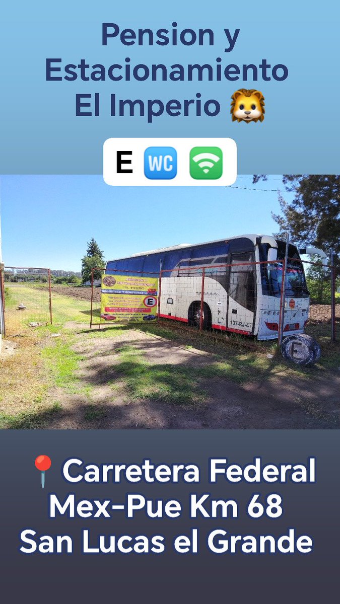 charlypm2052's tweet photo. Pension y Estacionamiento
 "El Imperio" 🦁
🚘🏍️🚍🚙🛻🚐🚲🚛🚜

Seguridad y Confianza las 12 horas del día
Un espacio seguro contamos con servicio de 🚾 🚿💧 y 🛜

📍Carretera Federal Mex-Pue
Km 68  San Lucas el Grande.
#pension #estacionamiento #sanlucaselgrande https://t.co/KONhxvBxjD