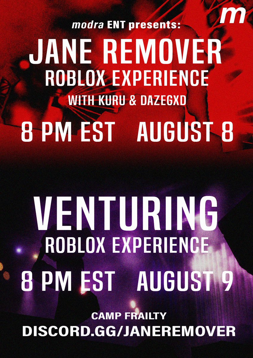 jrdailyupdates's tweet photo. TWO Roblox concert listening parties for Jane Remover and venturing will be held August 8th and 9th at 8:00PM EST, come join us! 🔥 https://t.co/c2UHVobpbj