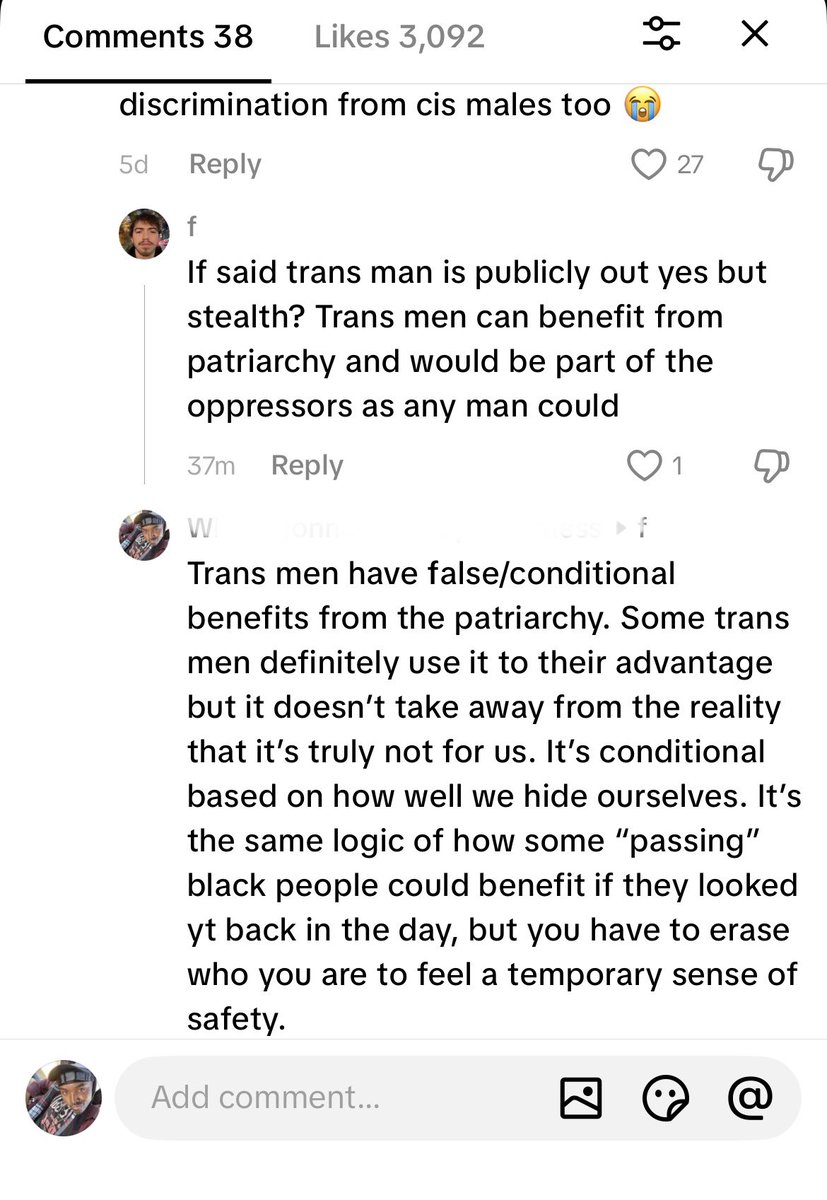 toniisscared's tweet photo. Recognizing that a passing trans man can benefit from cis male privilege in an optical setting doesn’t mean he wields structural power within the patriarchy. Our lived reality is a complex intersection where conditional male privilege and anti-transness exists at the same time. https://t.co/ghkGaphphu