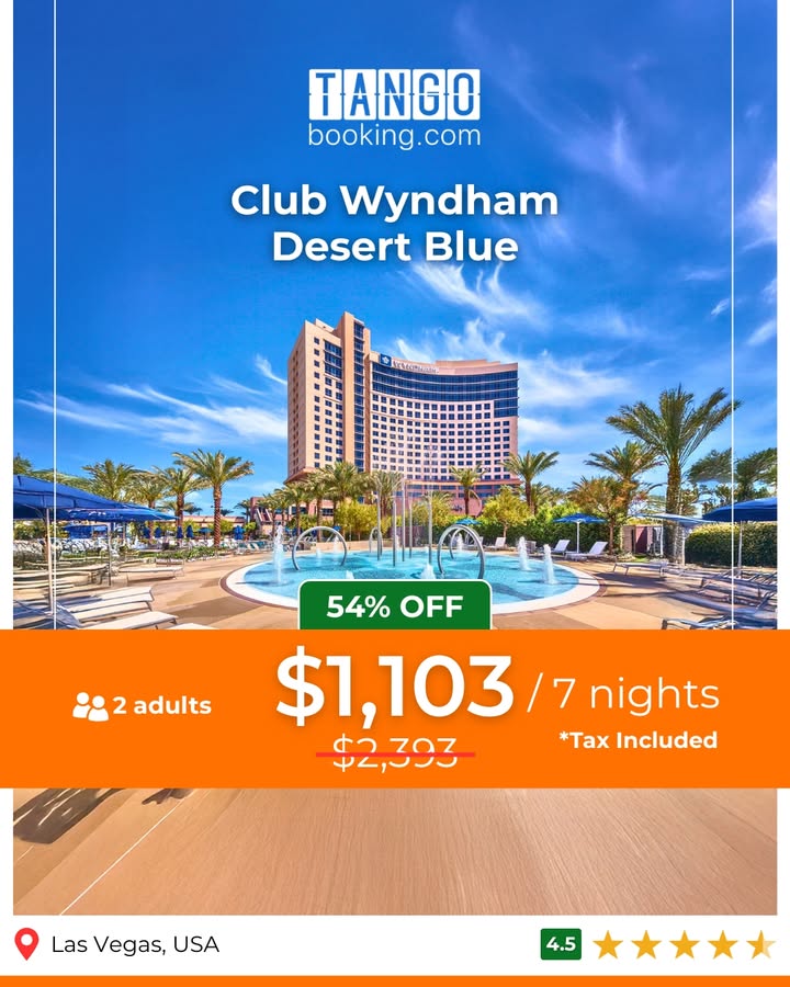 tangobookings's tweet photo. 🌴Vegas luxury without the Strip price.
Stay cool by the pool, unwind in comfort, and enjoy 54% OFF this stunning resort escape.

Book now at https://t.co/pcgU8naNN4  before the deal’s gone.

#VegasGetaway #TangoBooking #LuxuryForLess #TravelDeals #ClubWyndham https://t.co/BGzy03lUOj