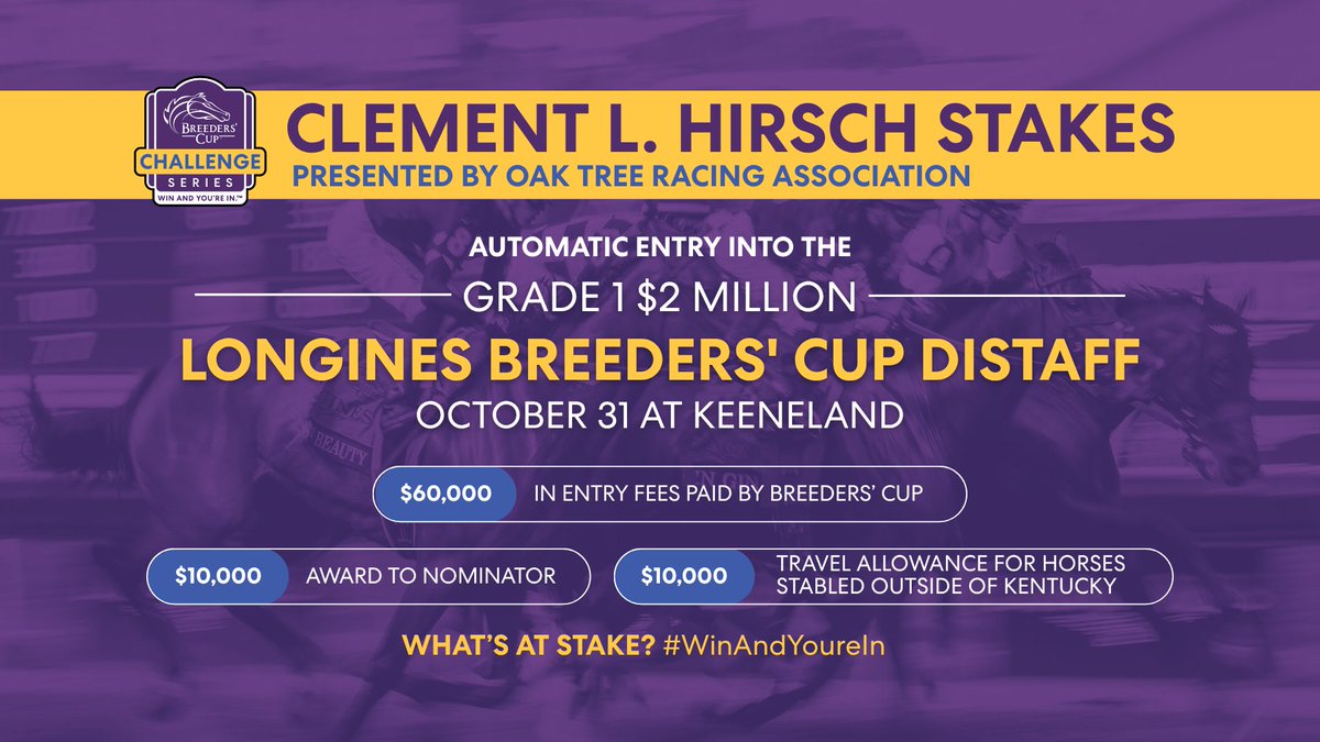 DelMarRacing's tweet photo. A spot in the Longines @BreedersCup Distaff is up for grabs in the #WinAndYoureIn Clement L. Hirsch! Here's what's at stake for the winner. 👇 https://t.co/XTkry3fNui