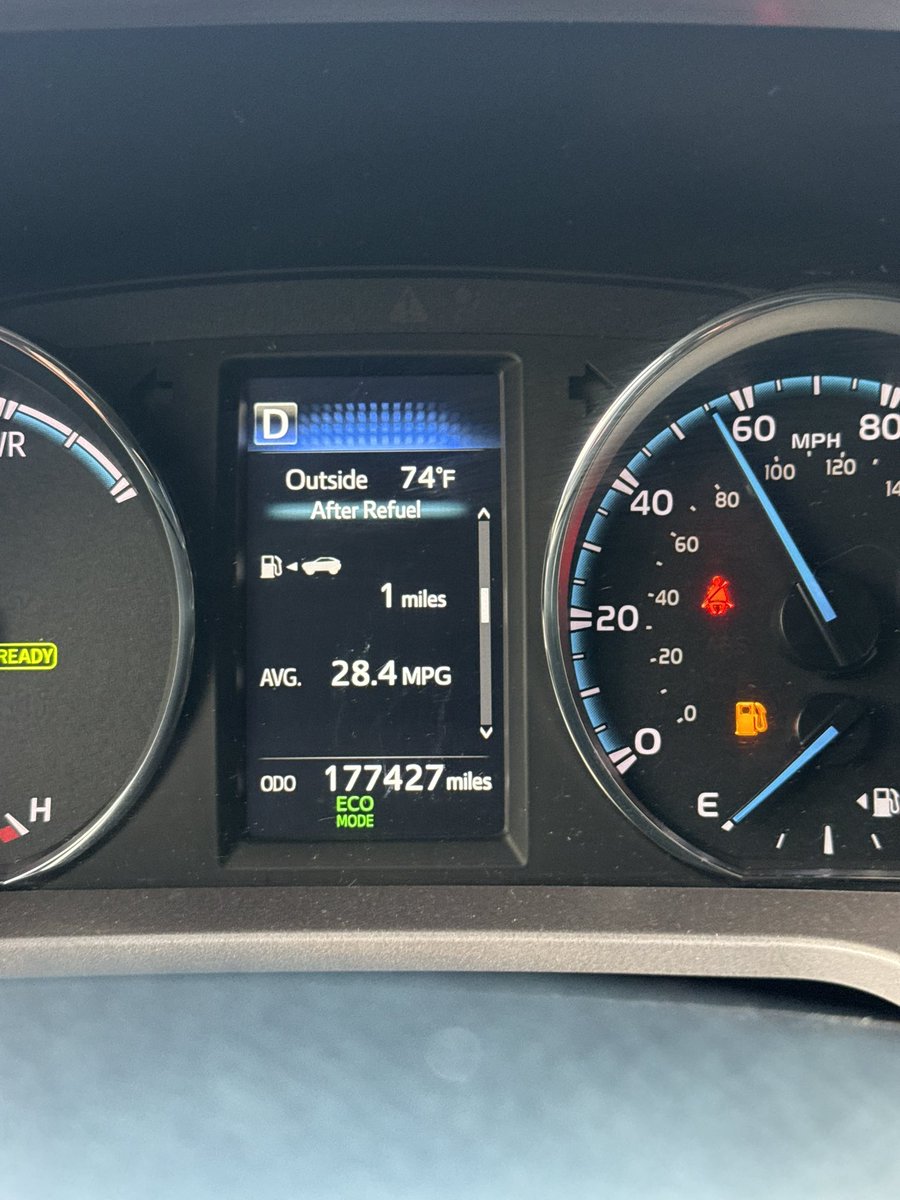 HackerSpamming's tweet photo. @Toyota how much further can I really go at the “1 mile to empty” stage?  This math aint mathin.  11.79g to fill it up, 14.8g tank, 28mpg average https://t.co/S2JtJ8DuLl